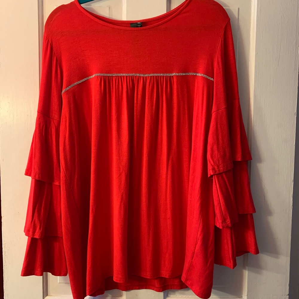 Gorgeous, soft red top with rhinestones.